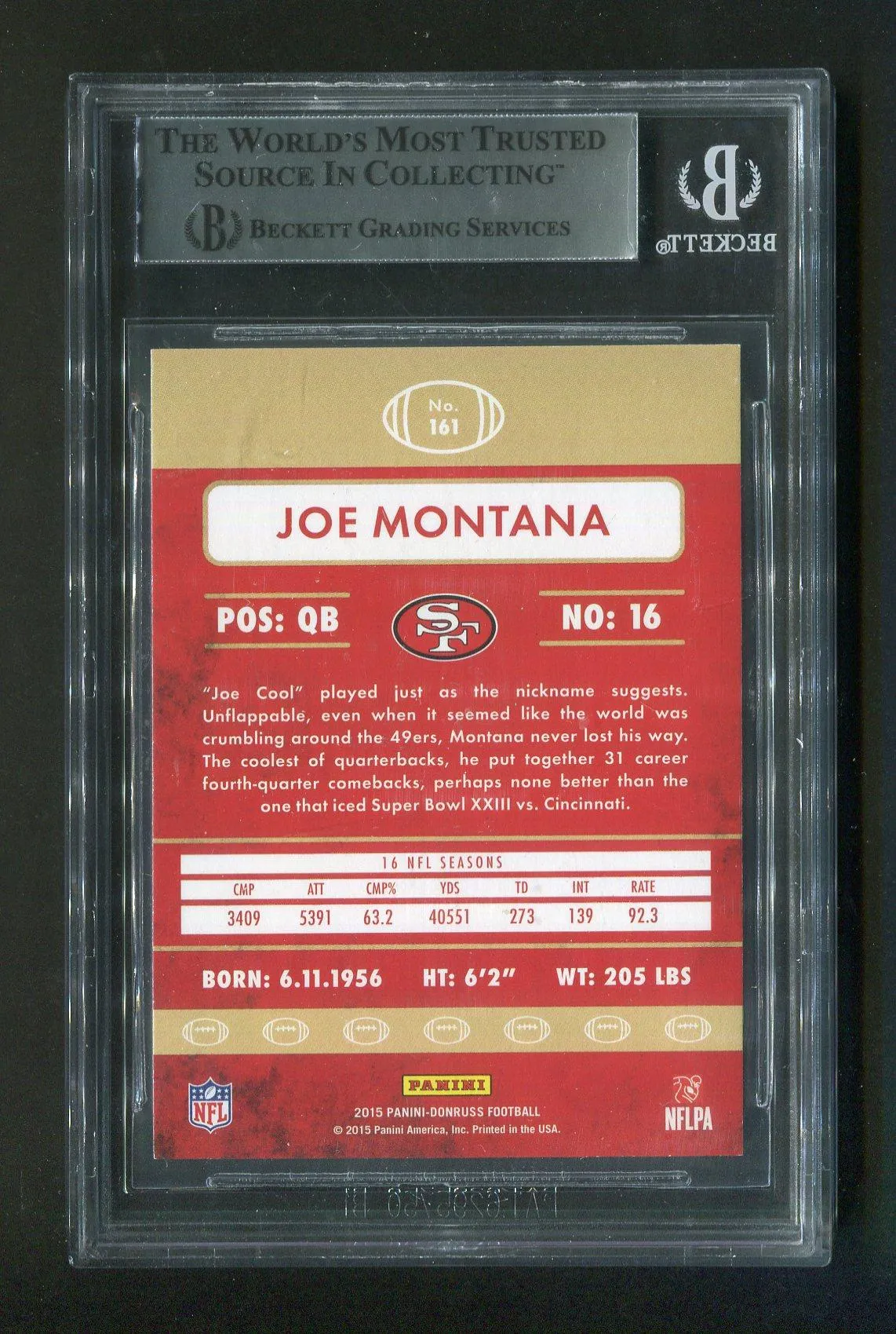 2015 Panini Donruss Joe Montana #161 BGS Signed Football Card