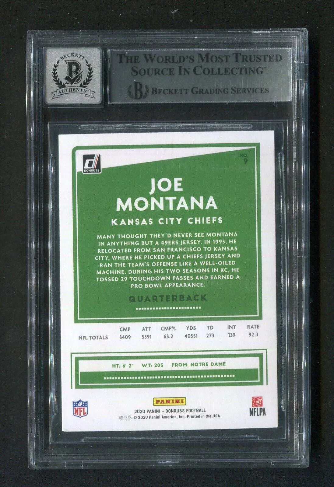 2020 Panini Donruss Joe Montana #9 BGS 10 Autograph Signed Football Card