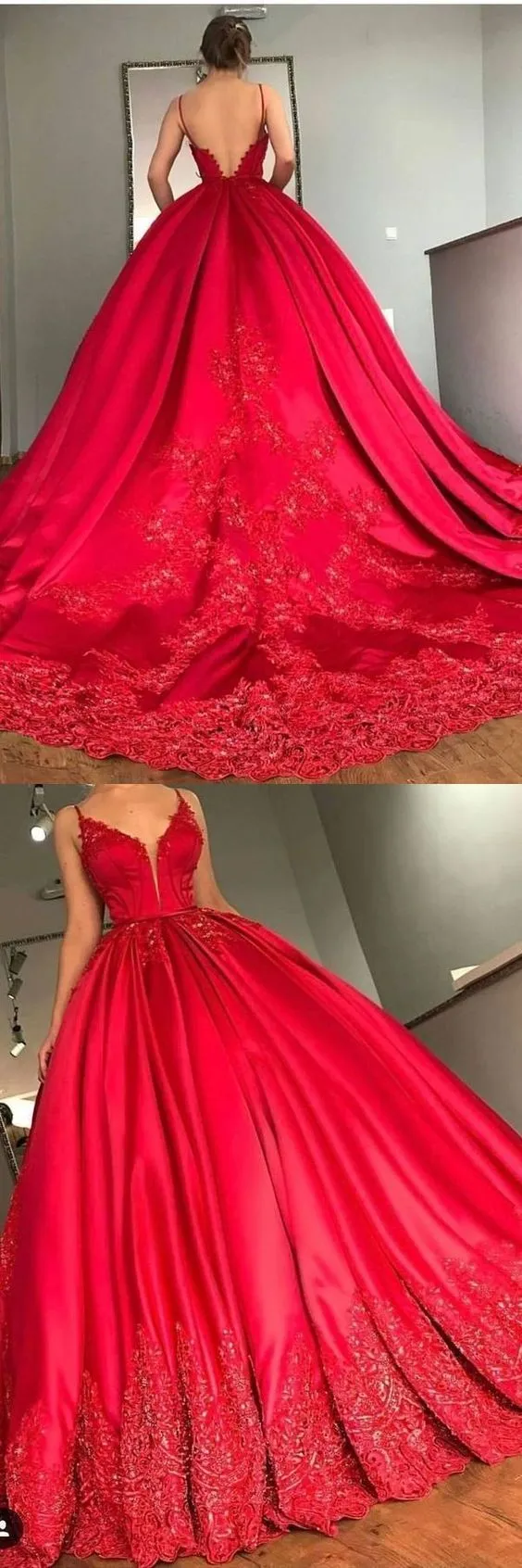 2021 Ball Gown Spaghetti Straps Court Train Satin With Applique Lace Up prom dress     cg20656