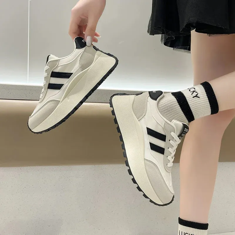 2024 BKQU Spring Thick Bottom Women's Shoes 2024 Summer Casual Patchwork Leather Sneakers Casual Vulcanised Shoes Ladies