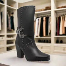 3 Buckle - Women's Studded 3 Buckle Heeled Sexy Biker Boot