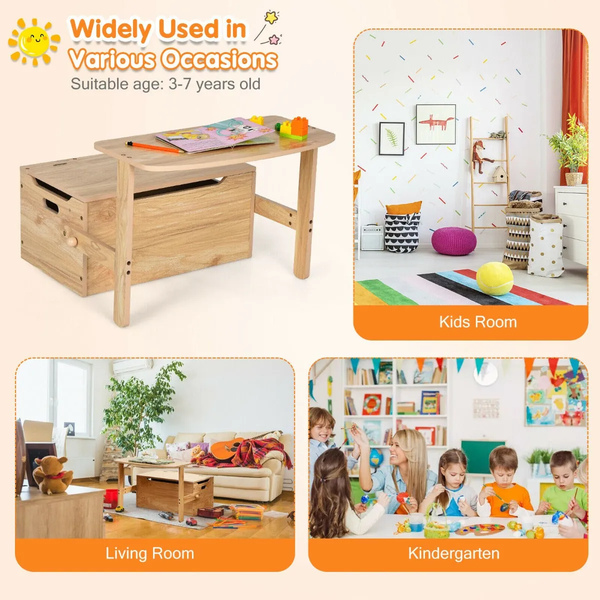 3-in-1 Kids Table and Chair Set with Toy Storage Box-Natural