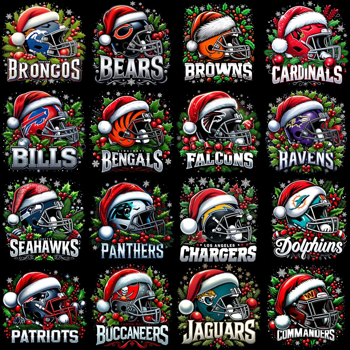 32 Christmas Helmets Football Teams Designs Bundle PNG