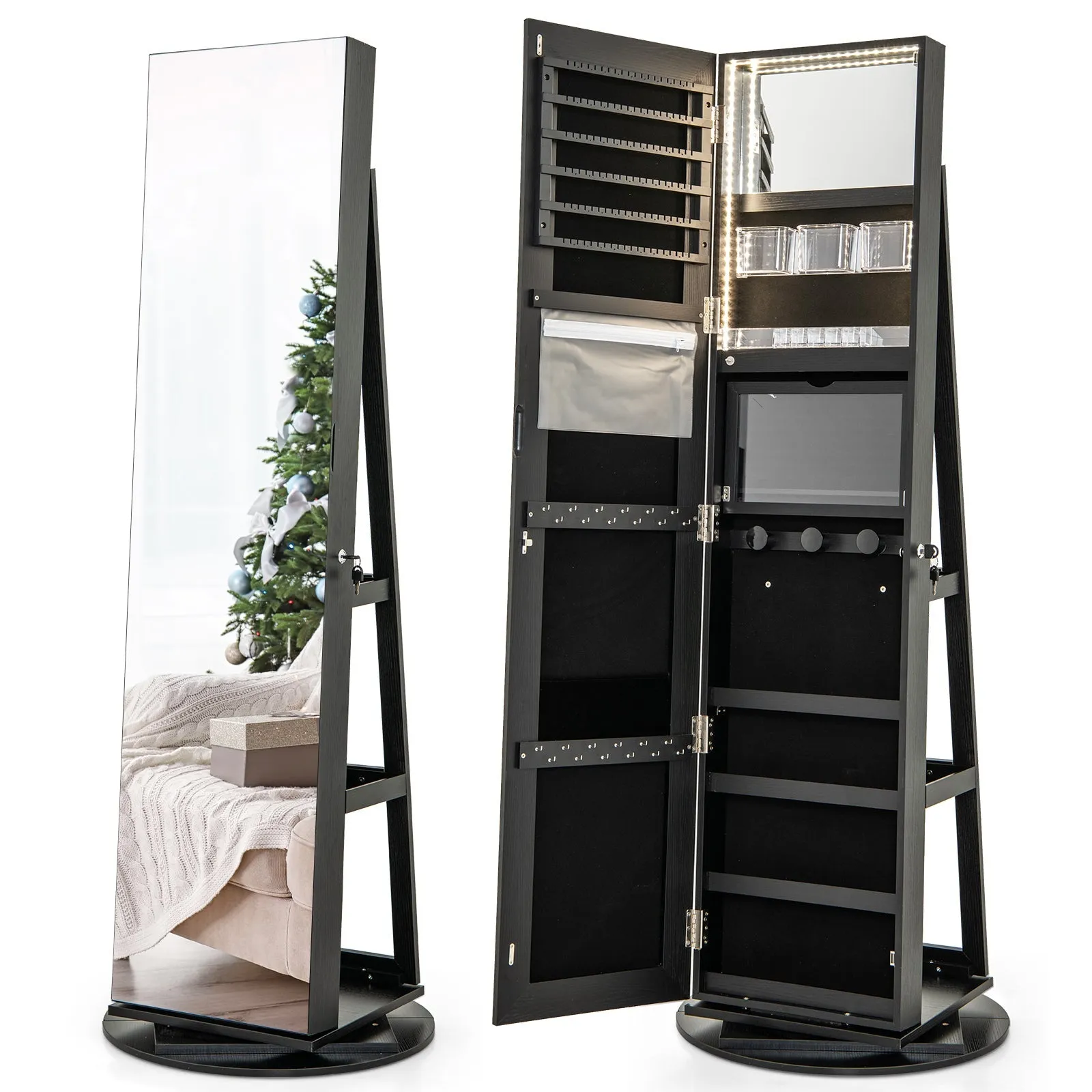 360-Degree Mirrored Jewelry Armoire with 3-Color Auto-on LED Lights-Black