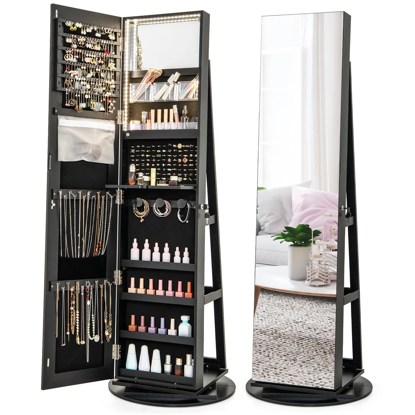 360-Degree Mirrored Jewelry Armoire with 3-Color Auto-on LED Lights-Black