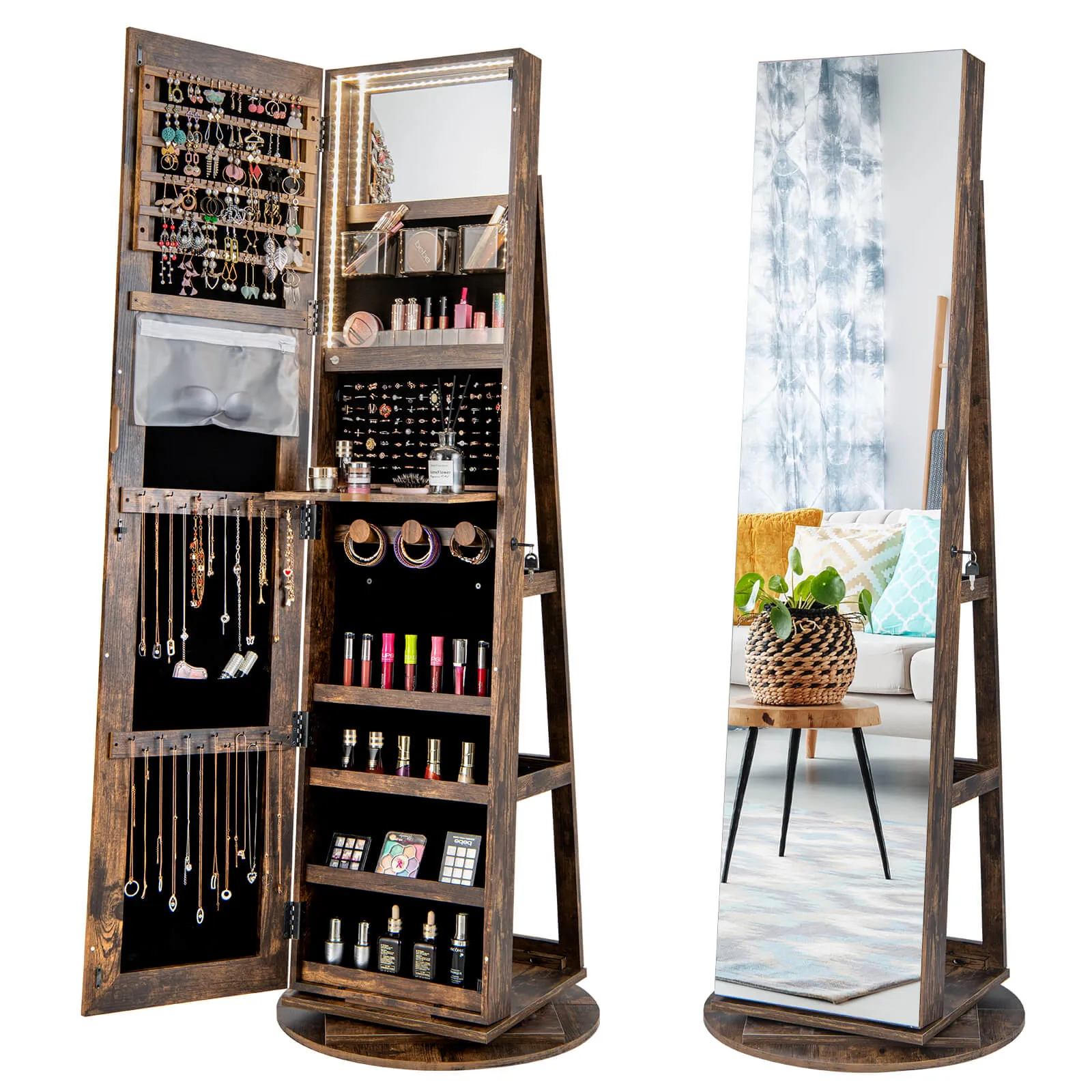 360-Degree Mirrored Jewelry Armoire with 3-Color Auto-on LED Lights-Rustic Brown