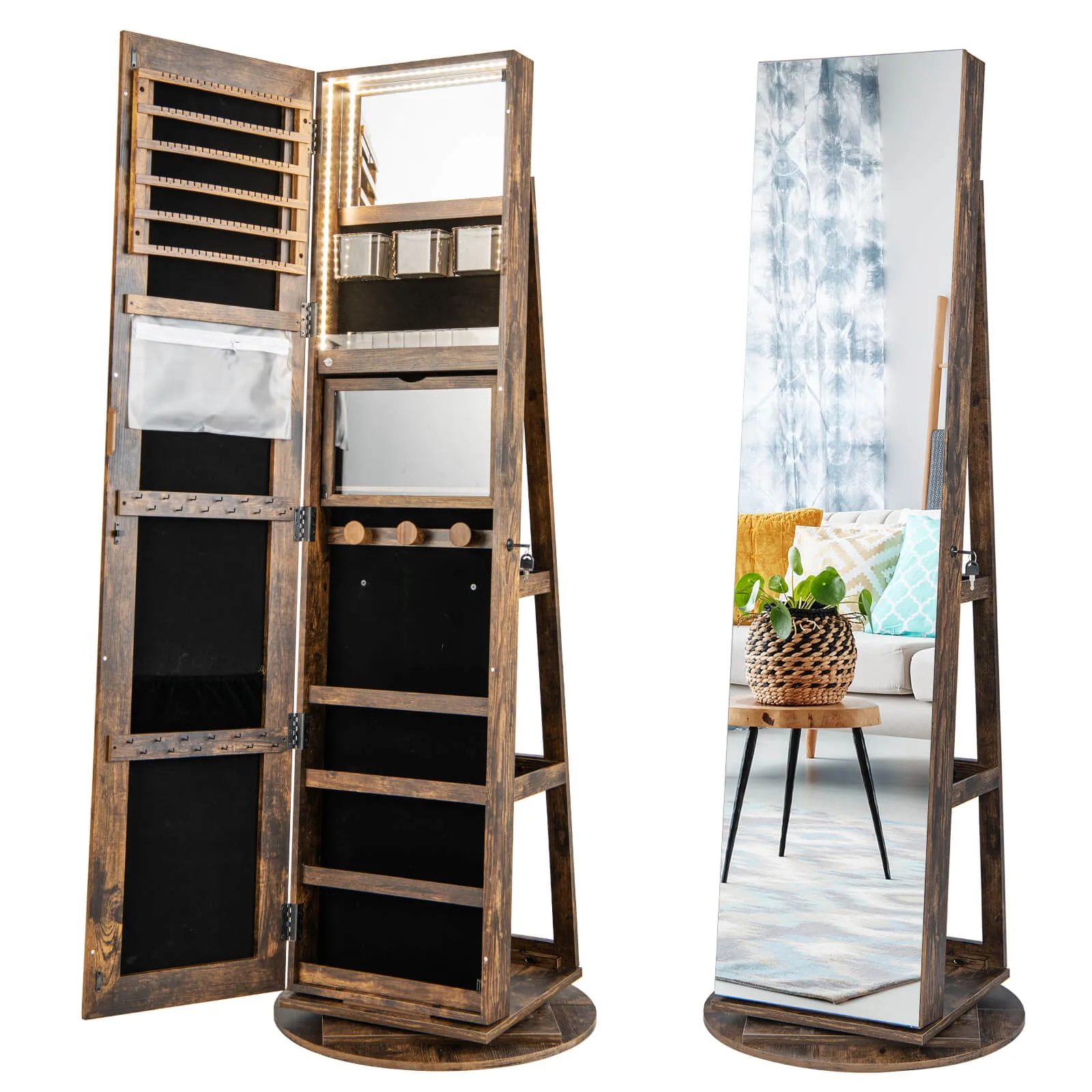 360-Degree Mirrored Jewelry Armoire with 3-Color Auto-on LED Lights-Rustic Brown