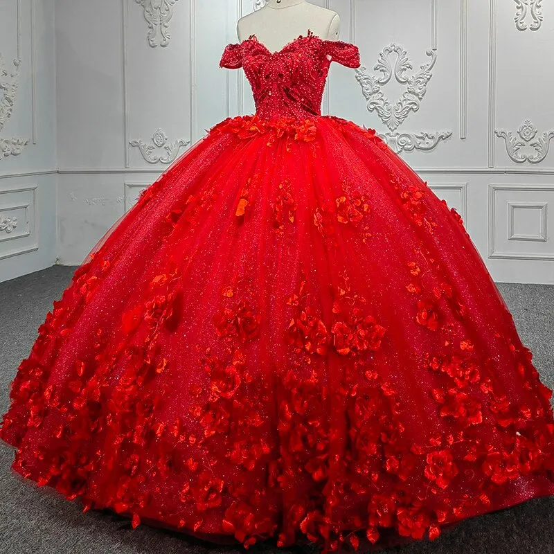 3D flower applique red ball gown luxury evening gala quinceanera wedding dress