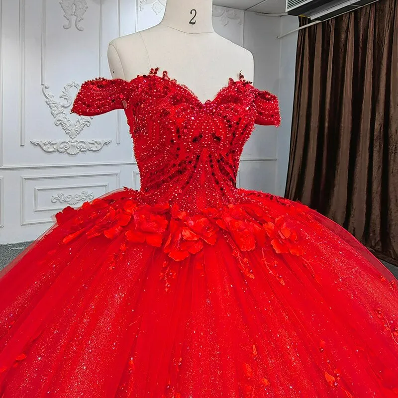 3D flower applique red ball gown luxury evening gala quinceanera wedding dress