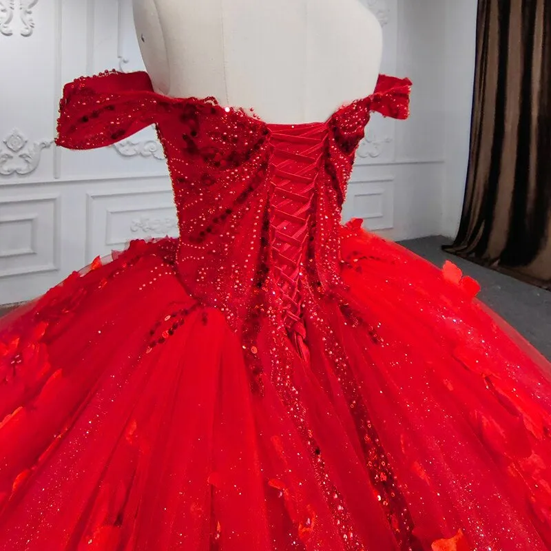 3D flower applique red ball gown luxury evening gala quinceanera wedding dress