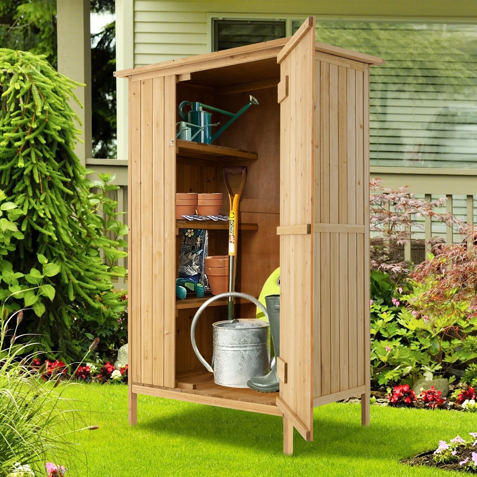 5 × 3 Feet Outdoor Storage Cabinet with Asphalt Roof and 3 Shelves-Natural