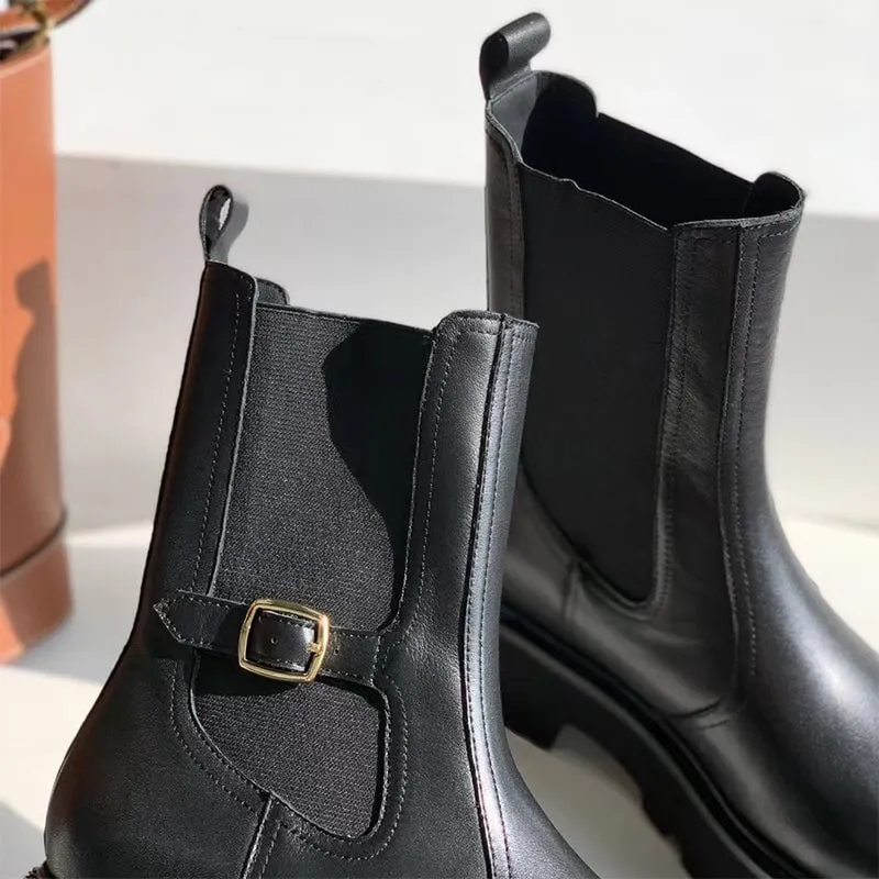 50mm Leather Platform Chelsea Boots with Buckle Detail in Black