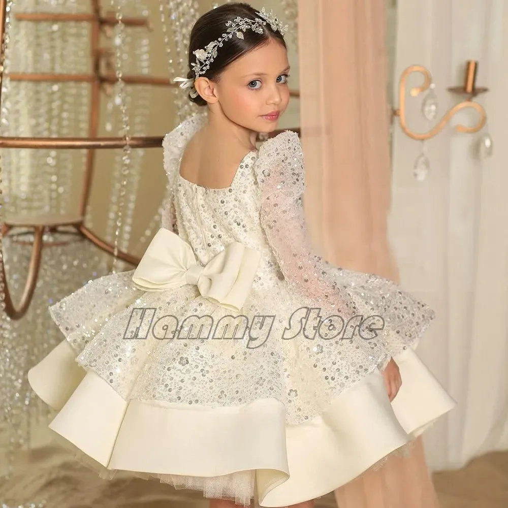 Adorable White Ball Gown Flower Girl Dresses Princess Sheer Long Sleeves Appliques Jewel Neck Sequined Tutu Toddler Birthday Party Gowns