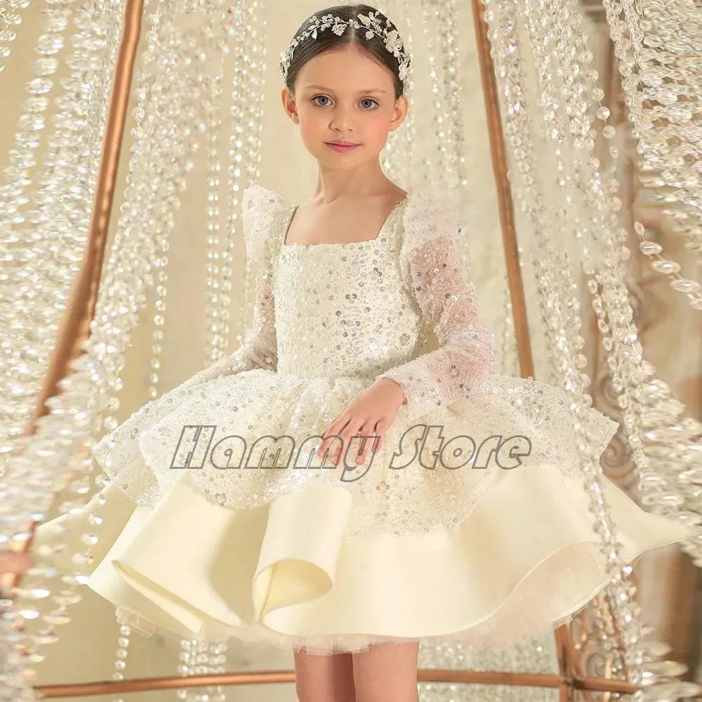 Adorable White Ball Gown Flower Girl Dresses Princess Sheer Long Sleeves Appliques Jewel Neck Sequined Tutu Toddler Birthday Party Gowns