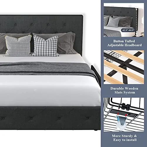 Allewie Upholstered Queen Size Platform Bed Frame with 4 Storage Drawers and Headboard, Diamond Stitched Button Tufted Mattress Foundation with Wooden Slats Support, No Box Spring Needed, Dark Grey