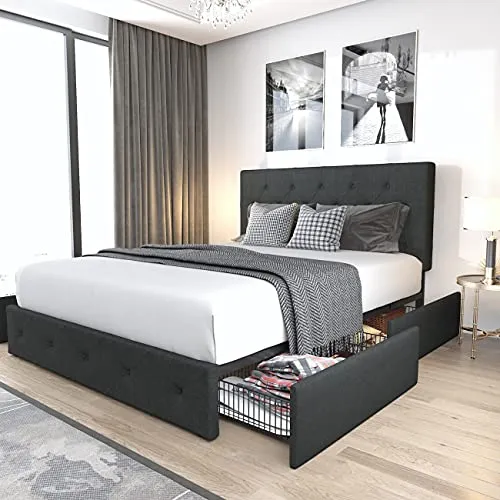 Allewie Upholstered Queen Size Platform Bed Frame with 4 Storage Drawers and Headboard, Diamond Stitched Button Tufted Mattress Foundation with Wooden Slats Support, No Box Spring Needed, Dark Grey