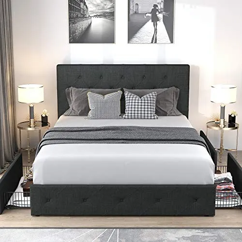 Allewie Upholstered Queen Size Platform Bed Frame with 4 Storage Drawers and Headboard, Diamond Stitched Button Tufted Mattress Foundation with Wooden Slats Support, No Box Spring Needed, Dark Grey