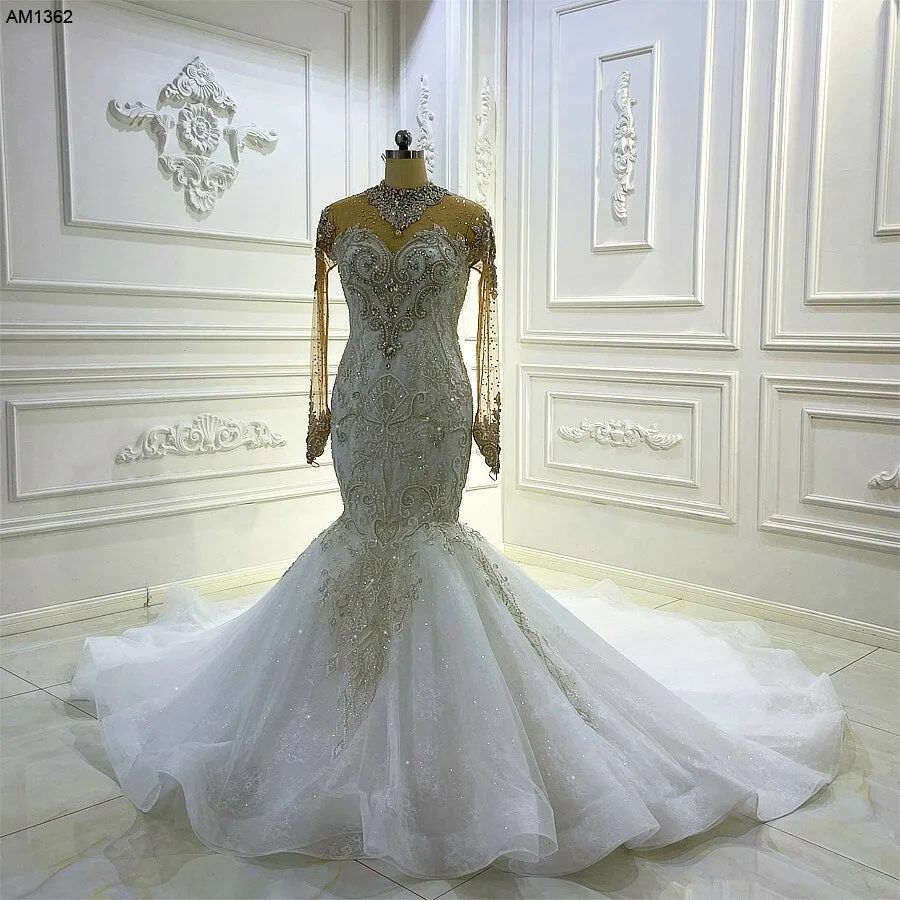 AM1362 High Neck Long Sleeve Luxury Beading Full Lace Mermaid Wedding Dress