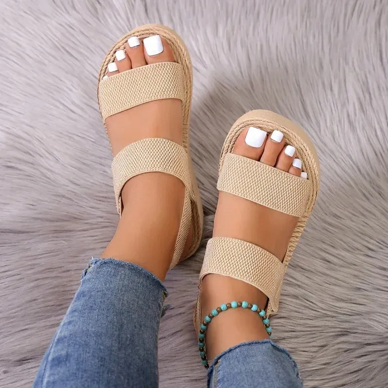 Amozae-Summer Fashion Women Sandals Peep Toes Thick Sole Sloping Heels Comfortable Casual Shoes For Women Solid Buckle  Flat Shoe