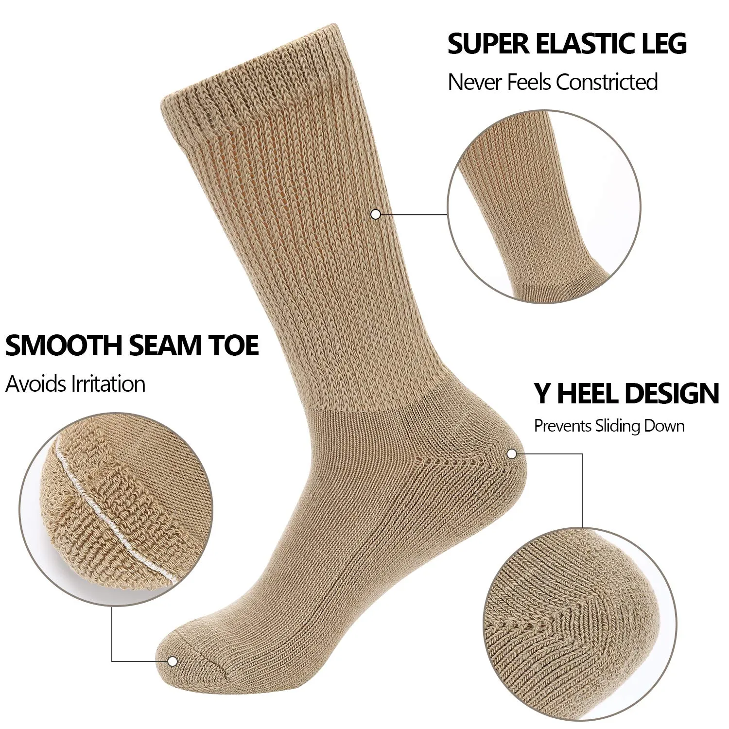 Athlemo Mens Non-Binding Warm Diabetic Loose Fit Socks, Moisture Wicking Heated Thermal Winter Crew Socks with Cushion Sole Brown(6 Pairs) 13-15