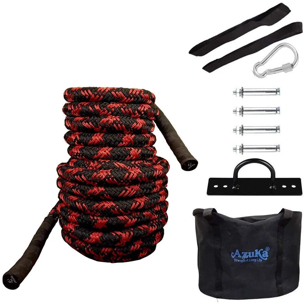 AZUKA® Professional Polydacron Hardcore Battle Rope - 1.5in x 50ft - Dynamic Black & Red - Unleash Your Inner Athlete