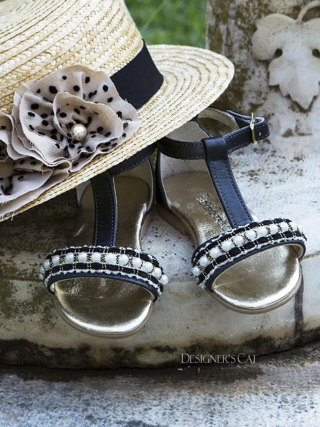 Baptismal Baby sandal with pearls - ROXANE Black