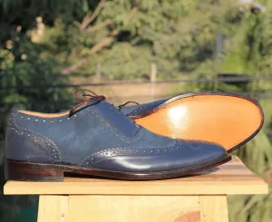 Bespoke Blue Leather Wing Tip Lace Up Shoe for Men