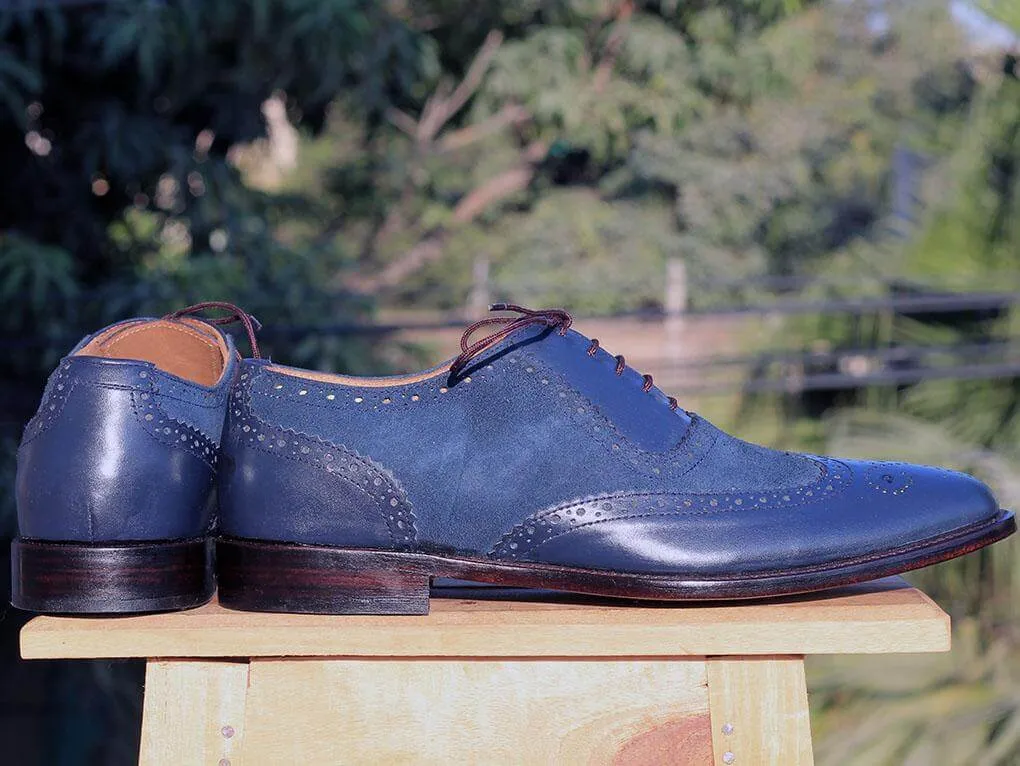 Bespoke Blue Leather Wing Tip Lace Up Shoe for Men