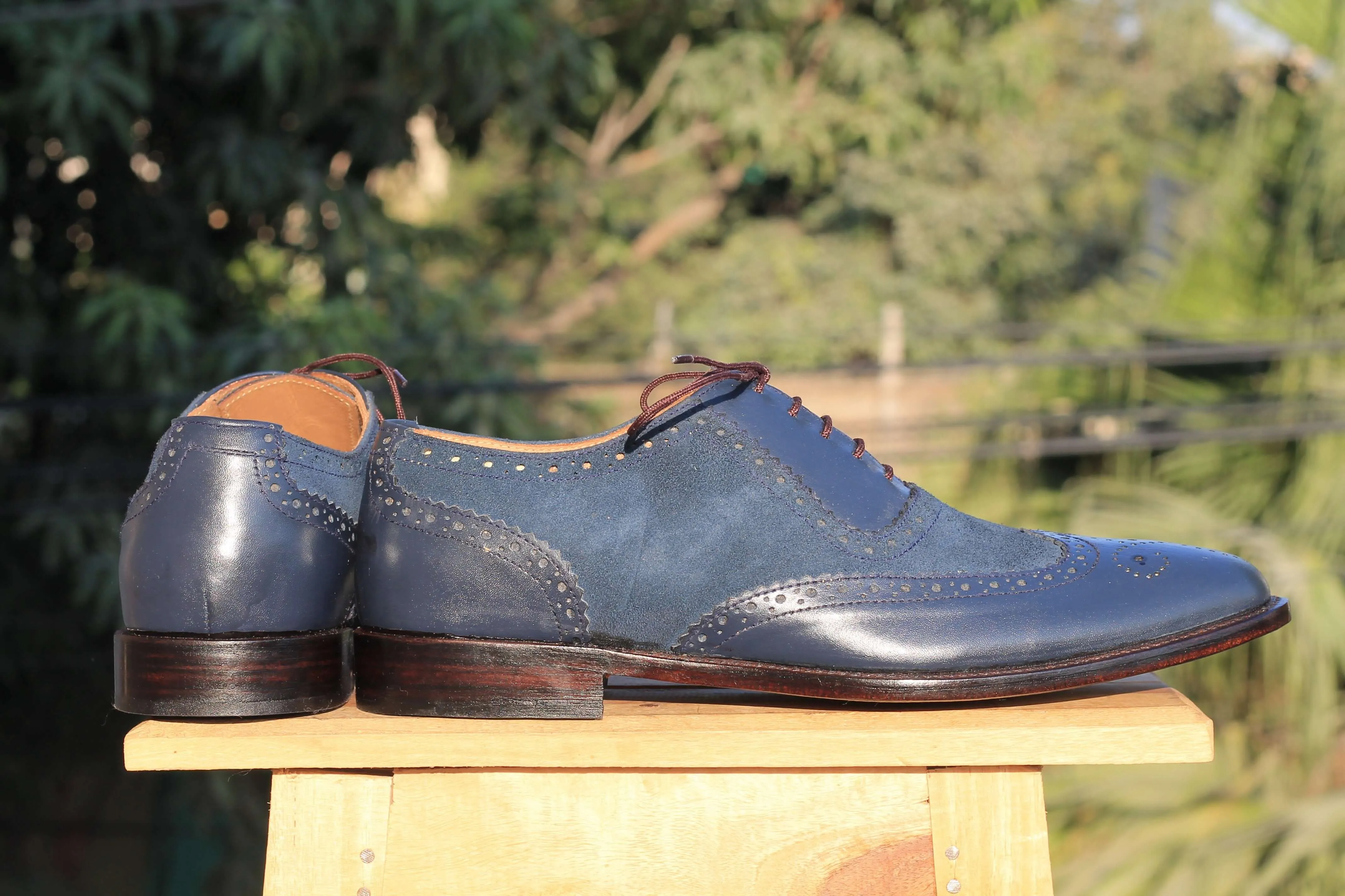 Bespoke Blue Leather Wing Tip Lace Up Shoe for Men