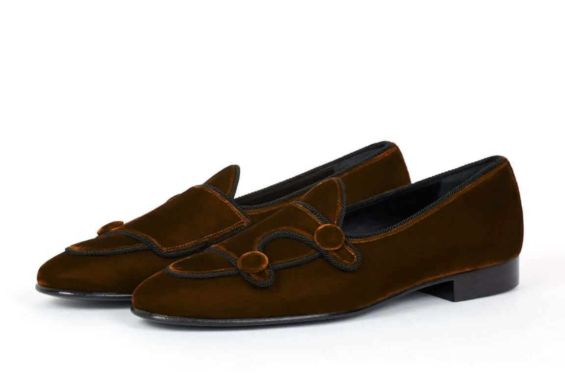 Brown Belgian Loafer Velvet Shoes, Double Monk Style Men Party Shoes.