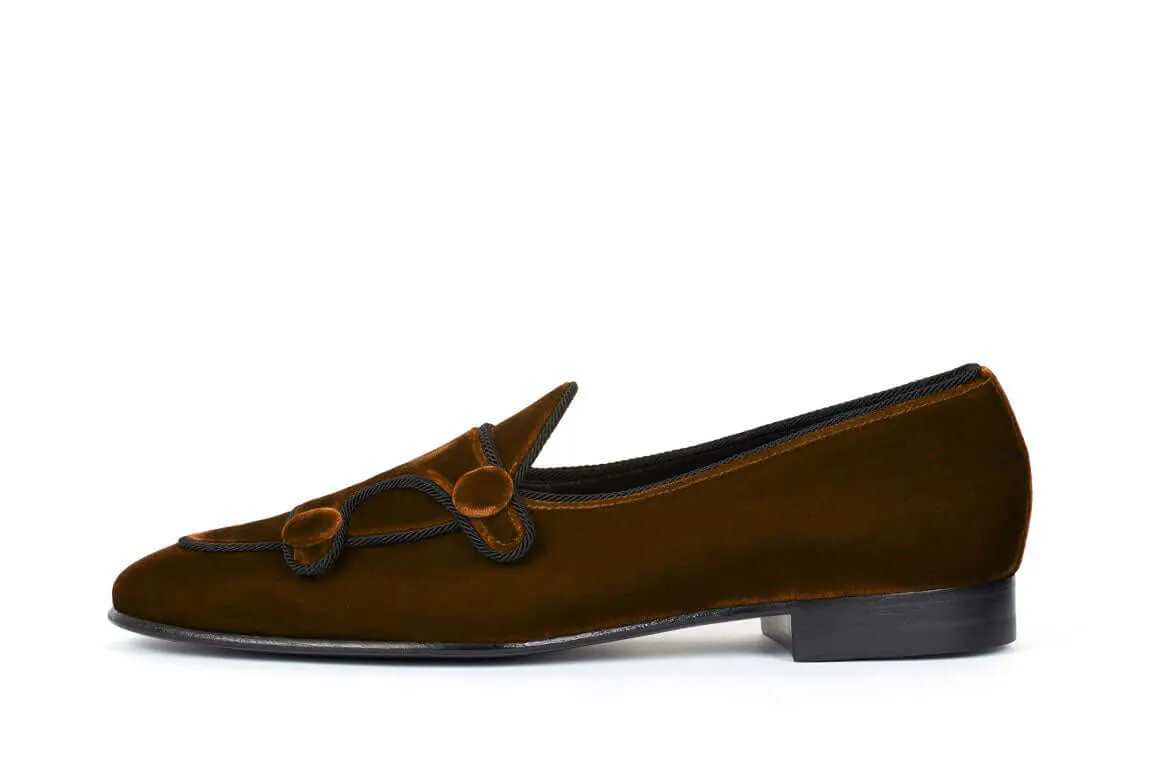 Brown Belgian Loafer Velvet Shoes, Double Monk Style Men Party Shoes.