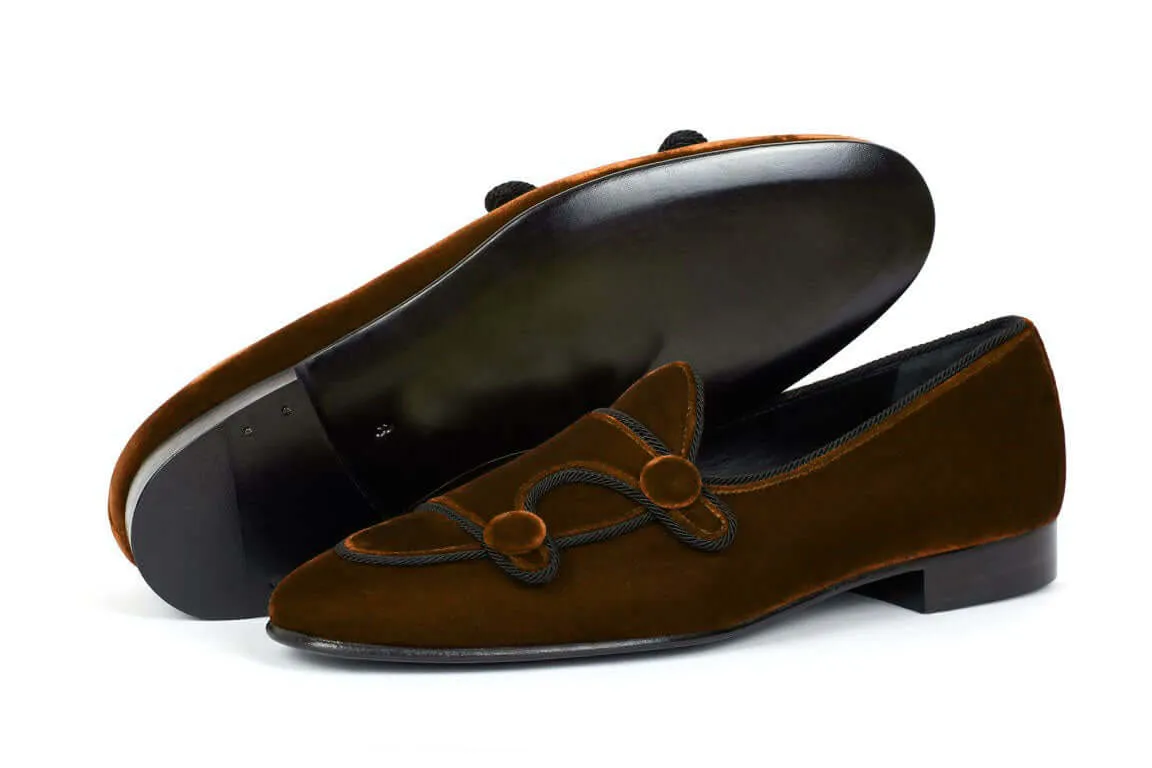 Brown Belgian Loafer Velvet Shoes, Double Monk Style Men Party Shoes.