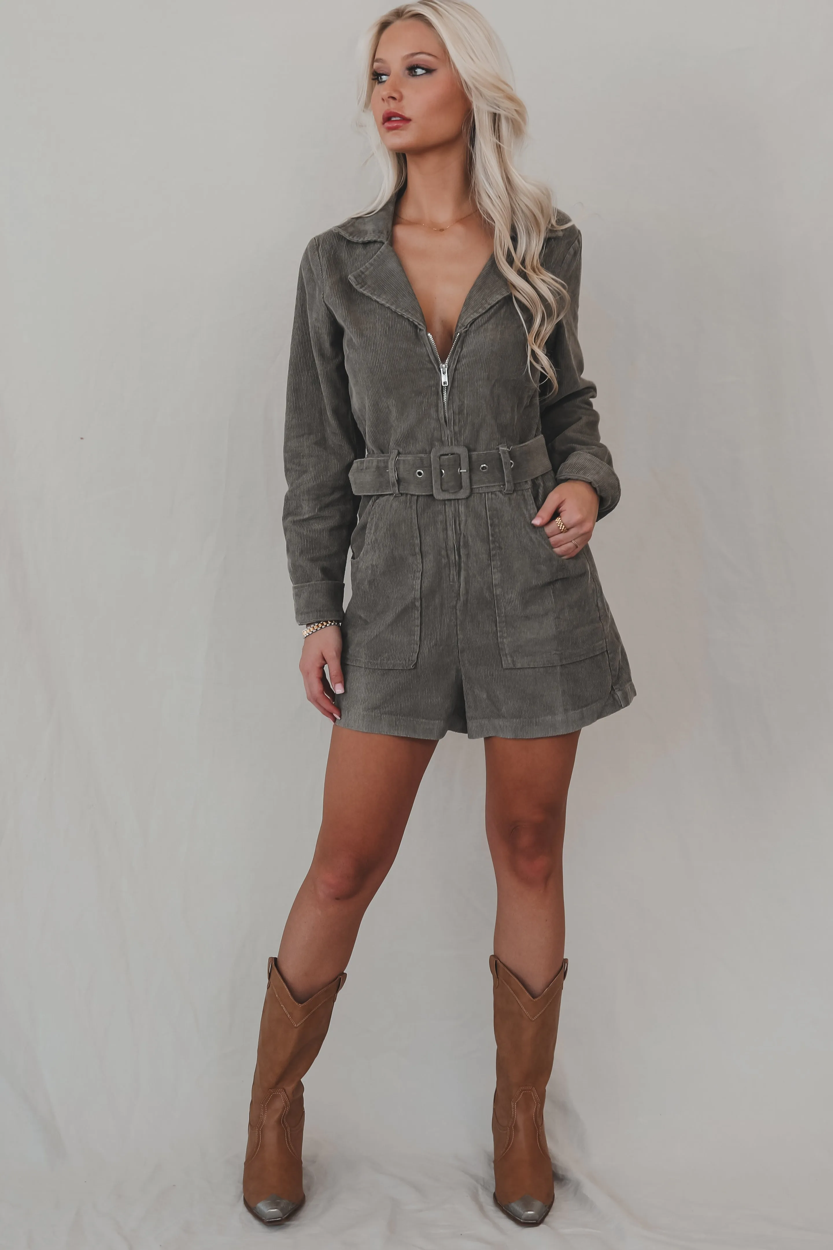 Calling From Colder Weather Corduroy Belted Rompers