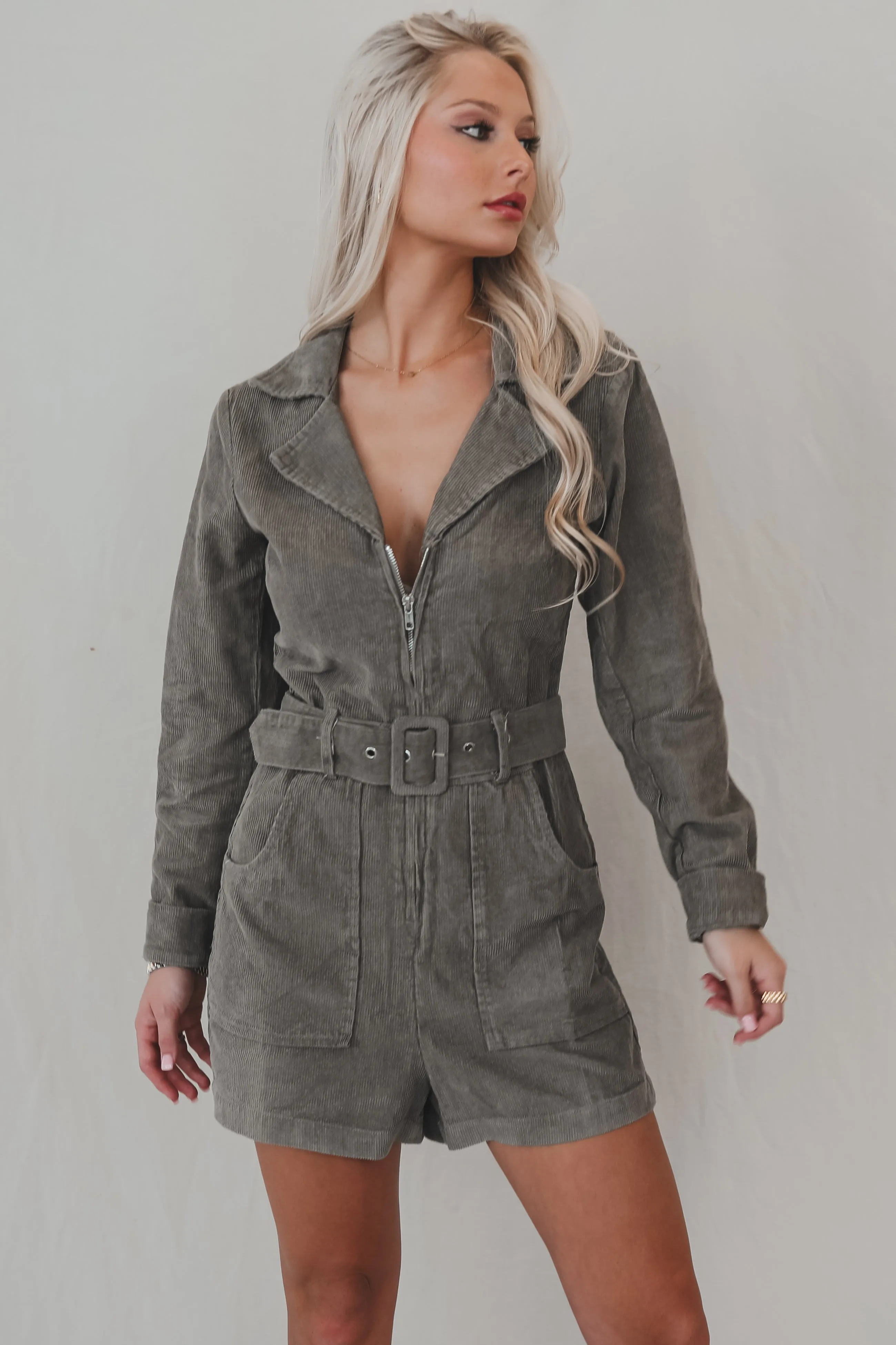 Calling From Colder Weather Corduroy Belted Rompers