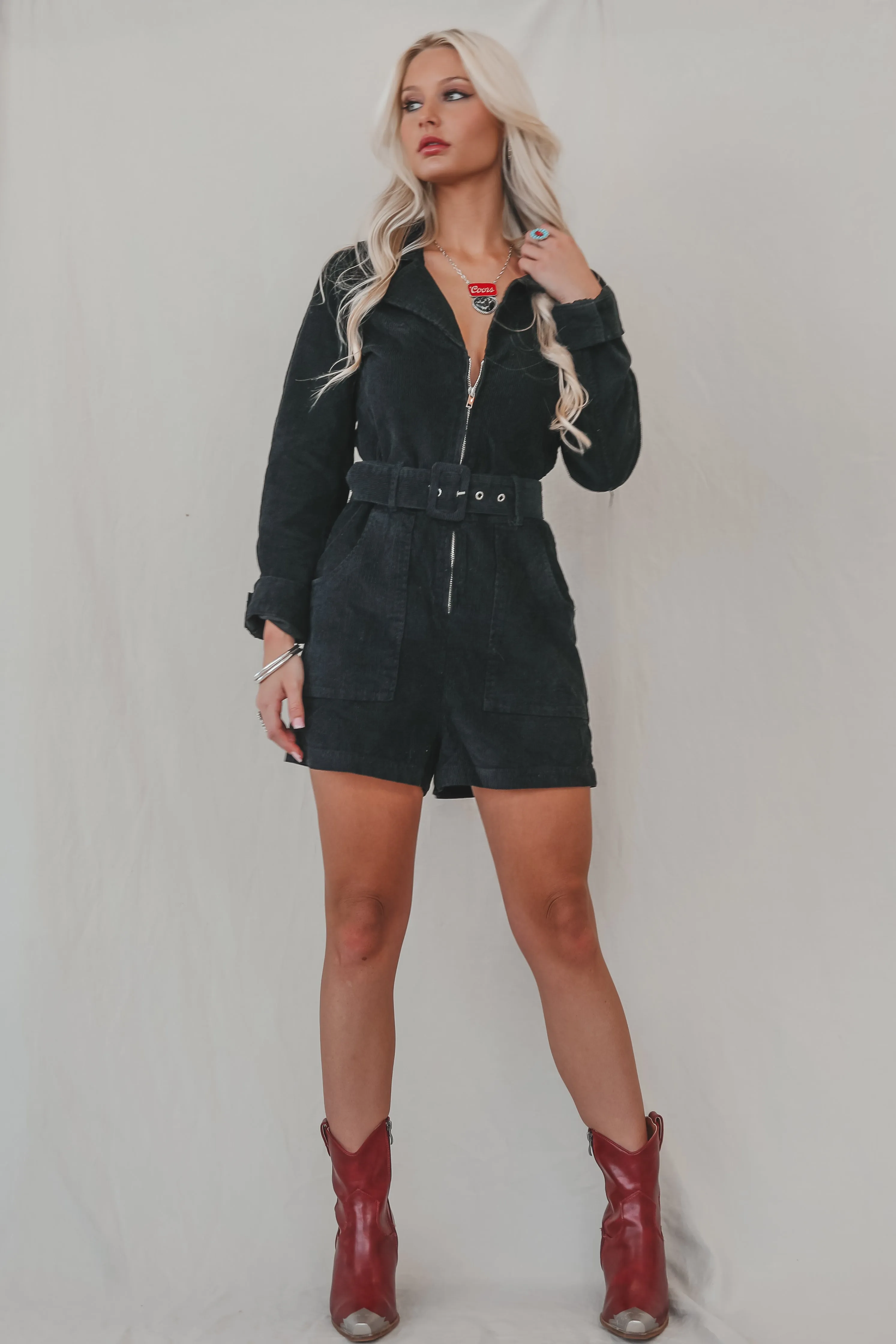 Calling From Colder Weather Corduroy Belted Rompers