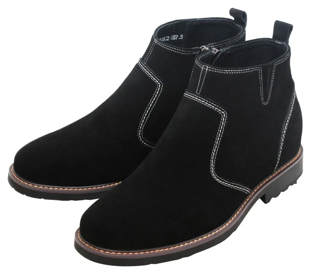 CALTO - Y41082 - 3.2 Inches Taller (Nubuck Black) - Zipper Boots