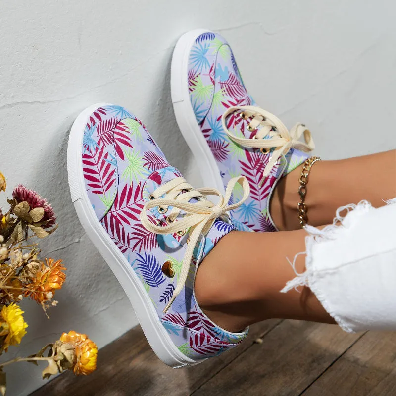 Canvas Shoes For Women Lace-Up Flats Leaves Print Casual Sneakers Round Toe Shoes