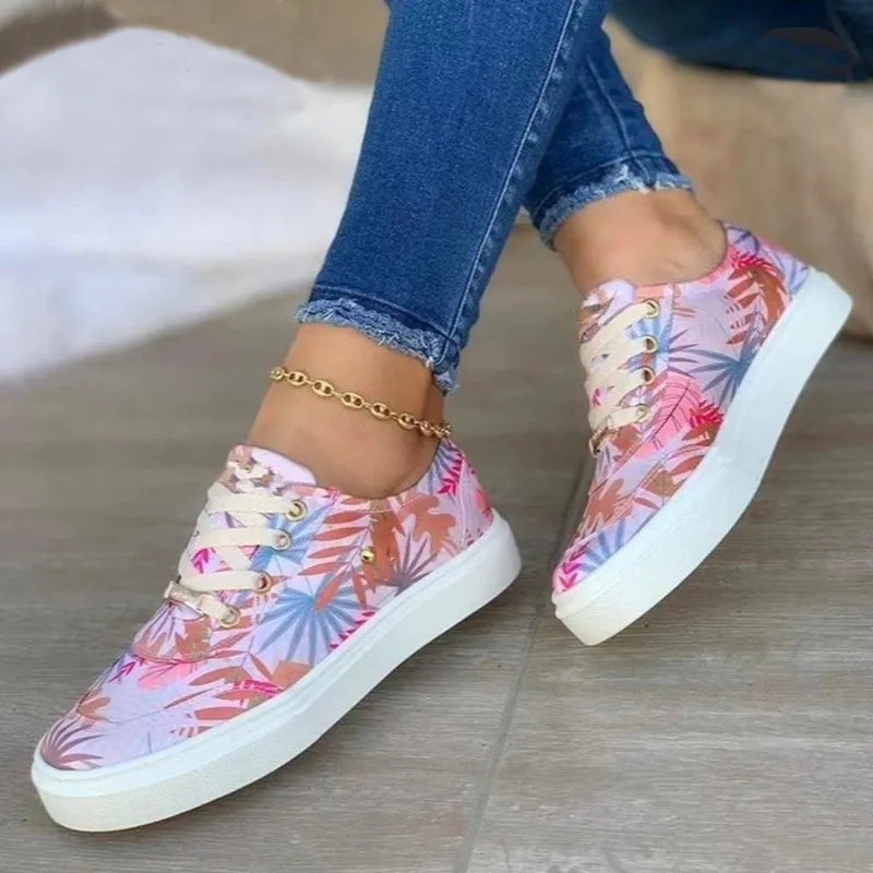 Canvas Shoes For Women Lace-Up Flats Leaves Print Casual Sneakers Round Toe Shoes