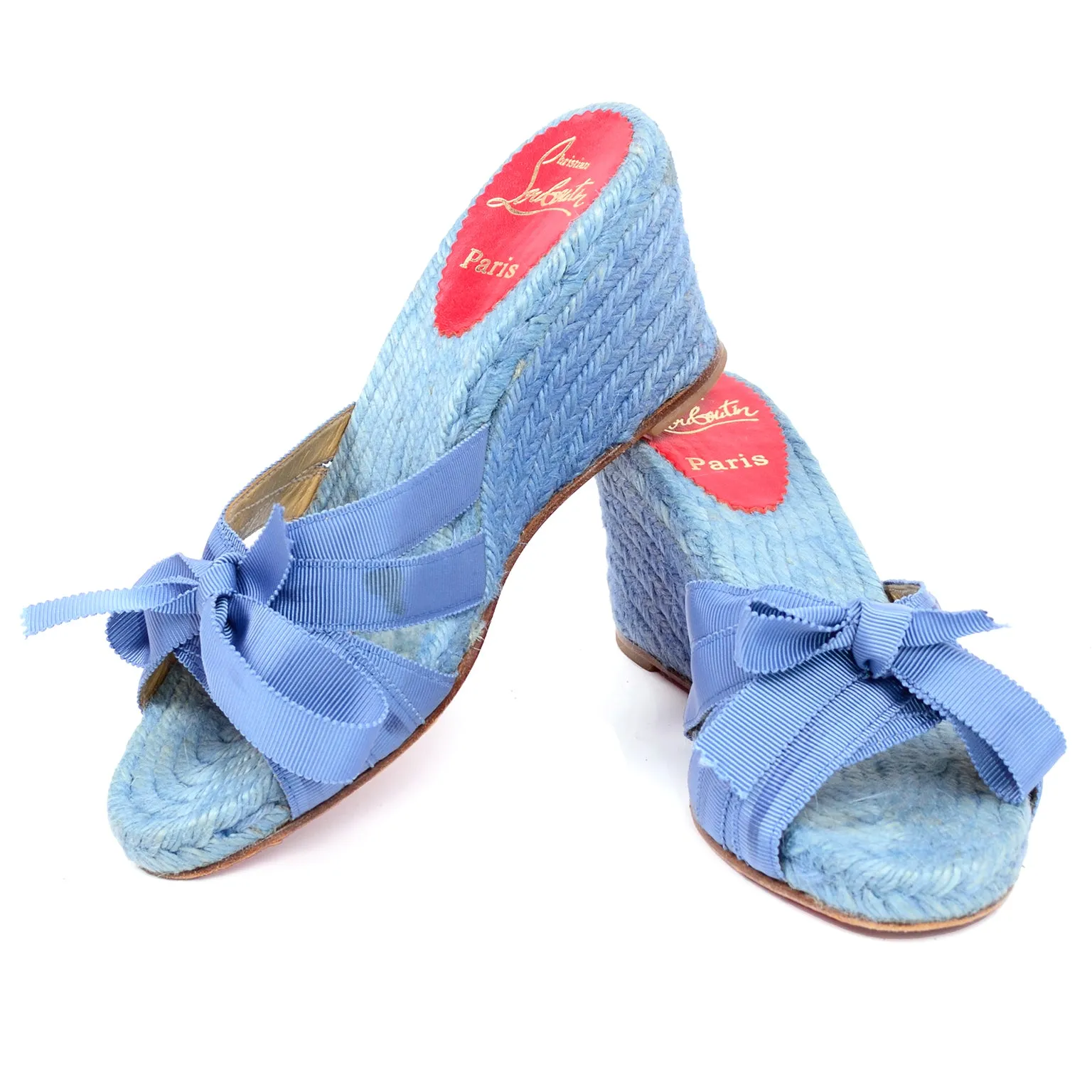 Christian Louboutin Shoes Blue Espadrille Bow Wedge Sandals Size 37