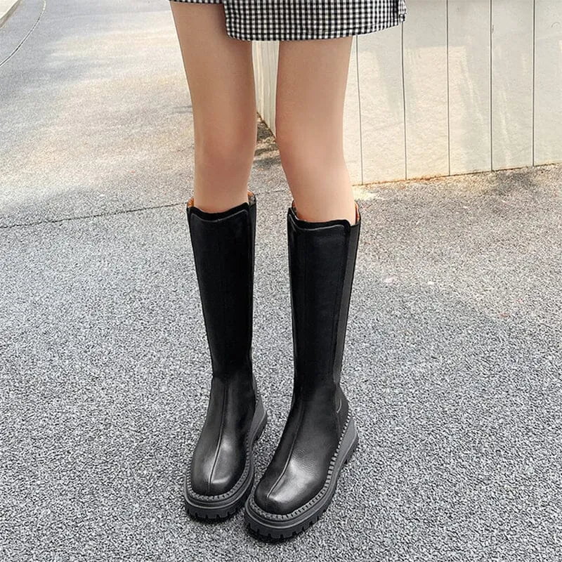 Chunky Knee High Boots Riding Boots for Women in Black/Brown Leather