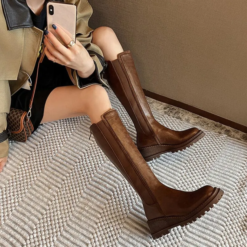 Chunky Knee High Boots Riding Boots for Women in Black/Brown Leather