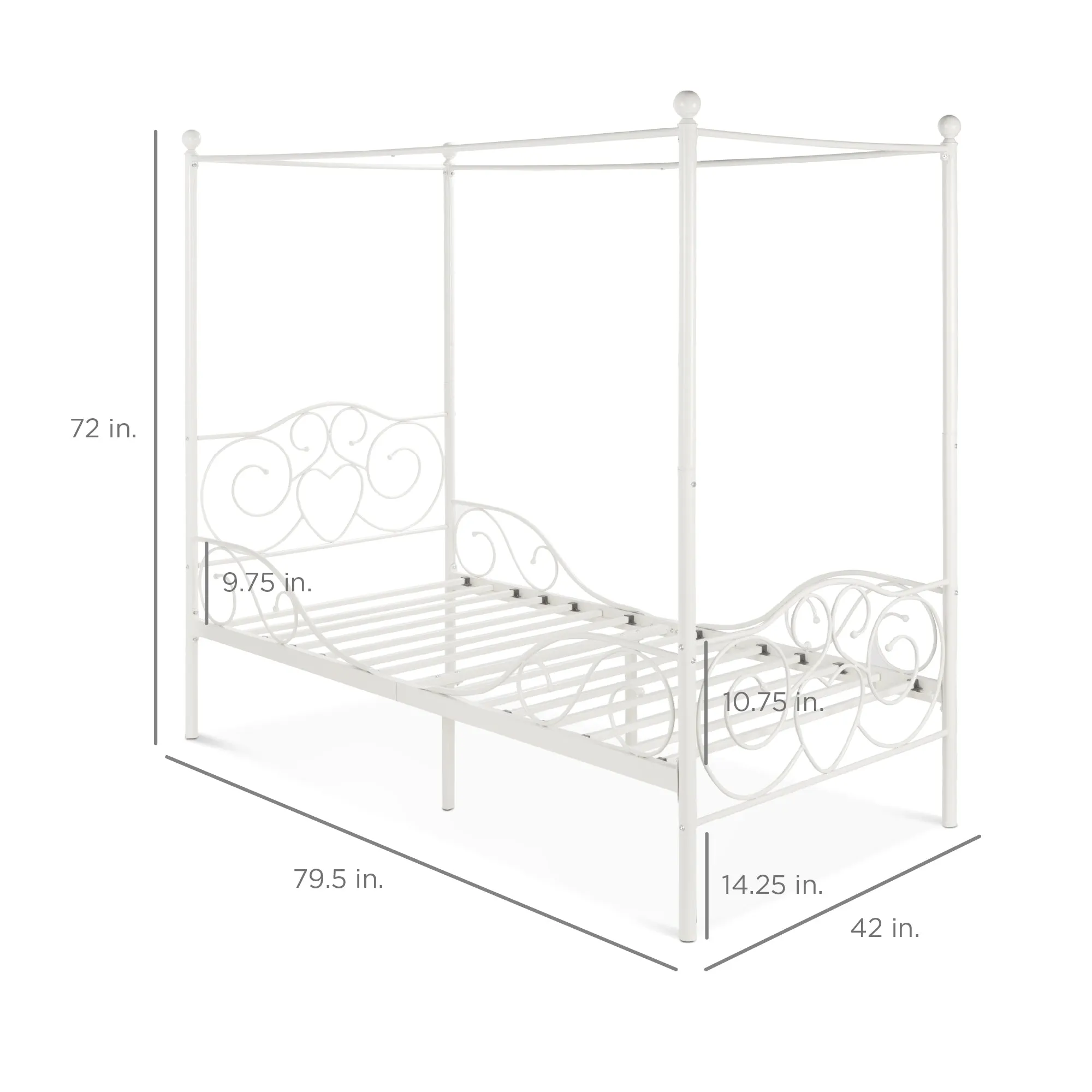 Classic 4-Post Metal Canopy Twin Bed Frame w/ Heart Scroll Design