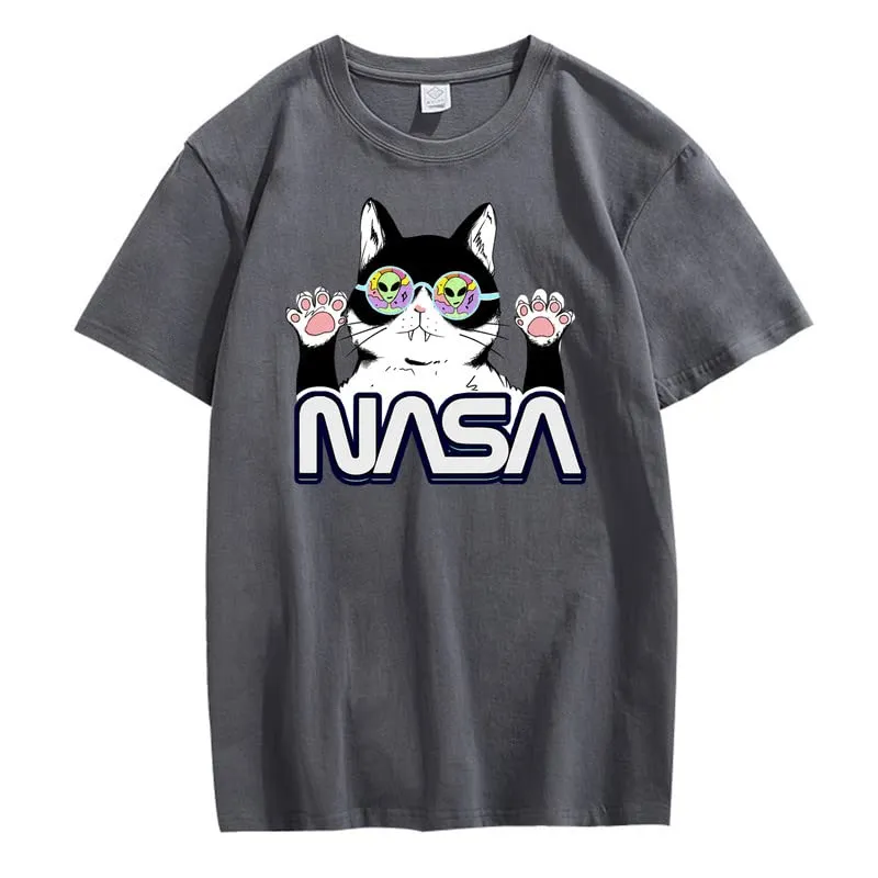 CORIRESHA Teen's NASA T-Shirt Casual Crewneck Short Sleeve Cute Cat Top