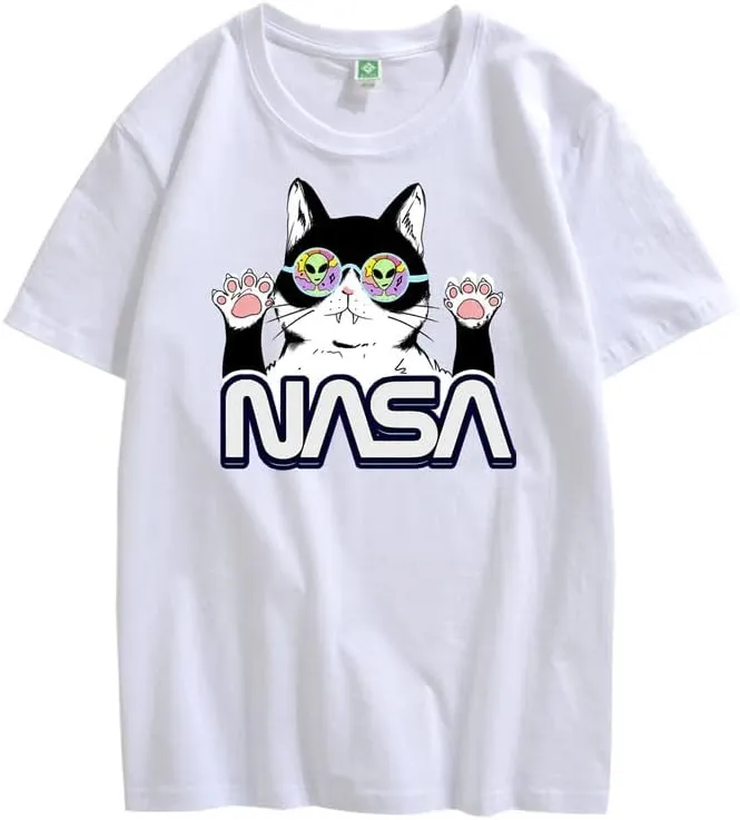 CORIRESHA Teen's NASA T-Shirt Casual Crewneck Short Sleeve Cute Cat Top