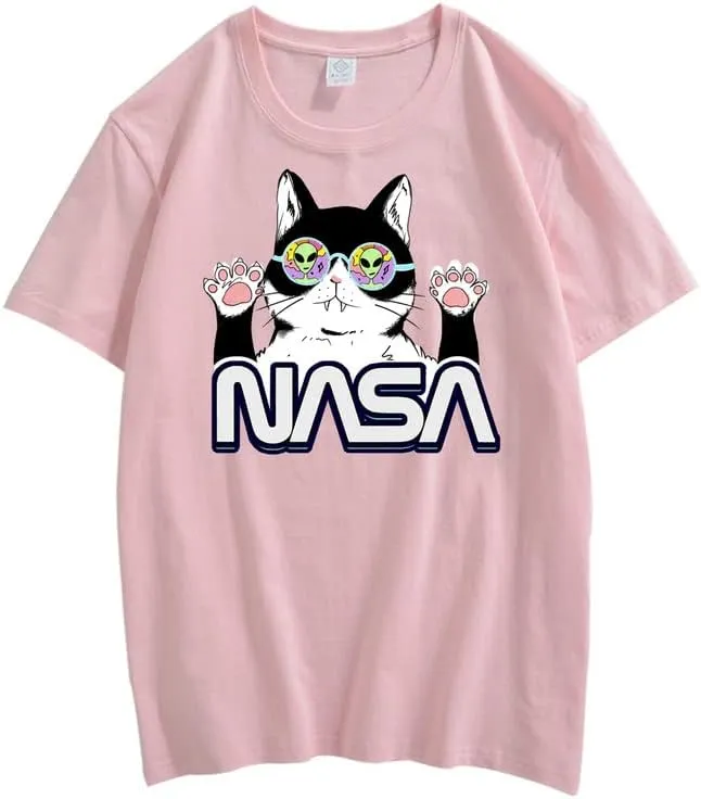 CORIRESHA Teen's NASA T-Shirt Casual Crewneck Short Sleeve Cute Cat Top