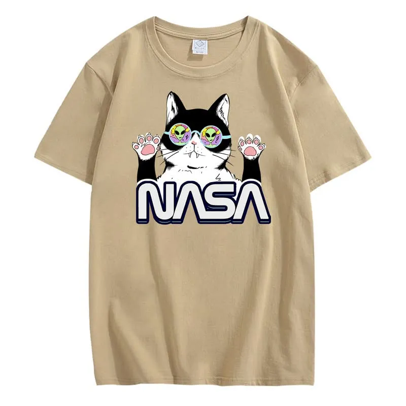 CORIRESHA Teen's NASA T-Shirt Casual Crewneck Short Sleeve Cute Cat Top