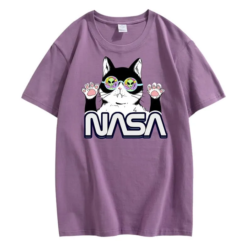 CORIRESHA Teen's NASA T-Shirt Casual Crewneck Short Sleeve Cute Cat Top