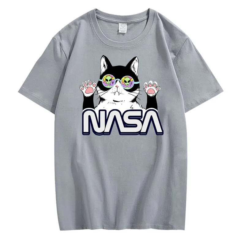 CORIRESHA Teen's NASA T-Shirt Casual Crewneck Short Sleeve Cute Cat Top