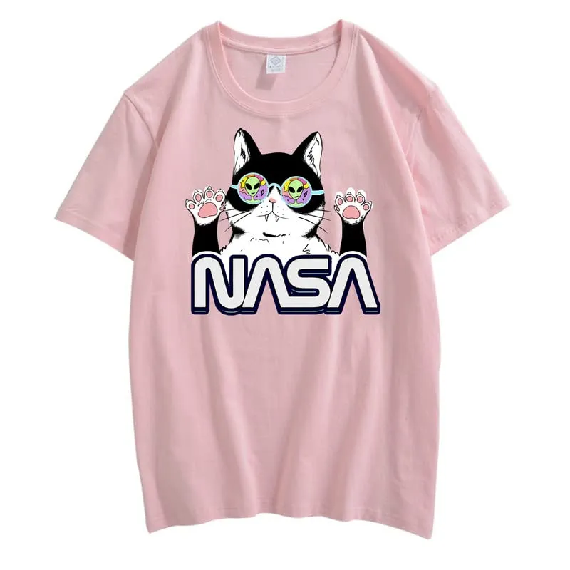 CORIRESHA Teen's NASA T-Shirt Casual Crewneck Short Sleeve Cute Cat Top