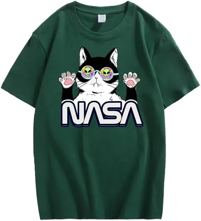 CORIRESHA Teen's NASA T-Shirt Casual Crewneck Short Sleeve Cute Cat Top